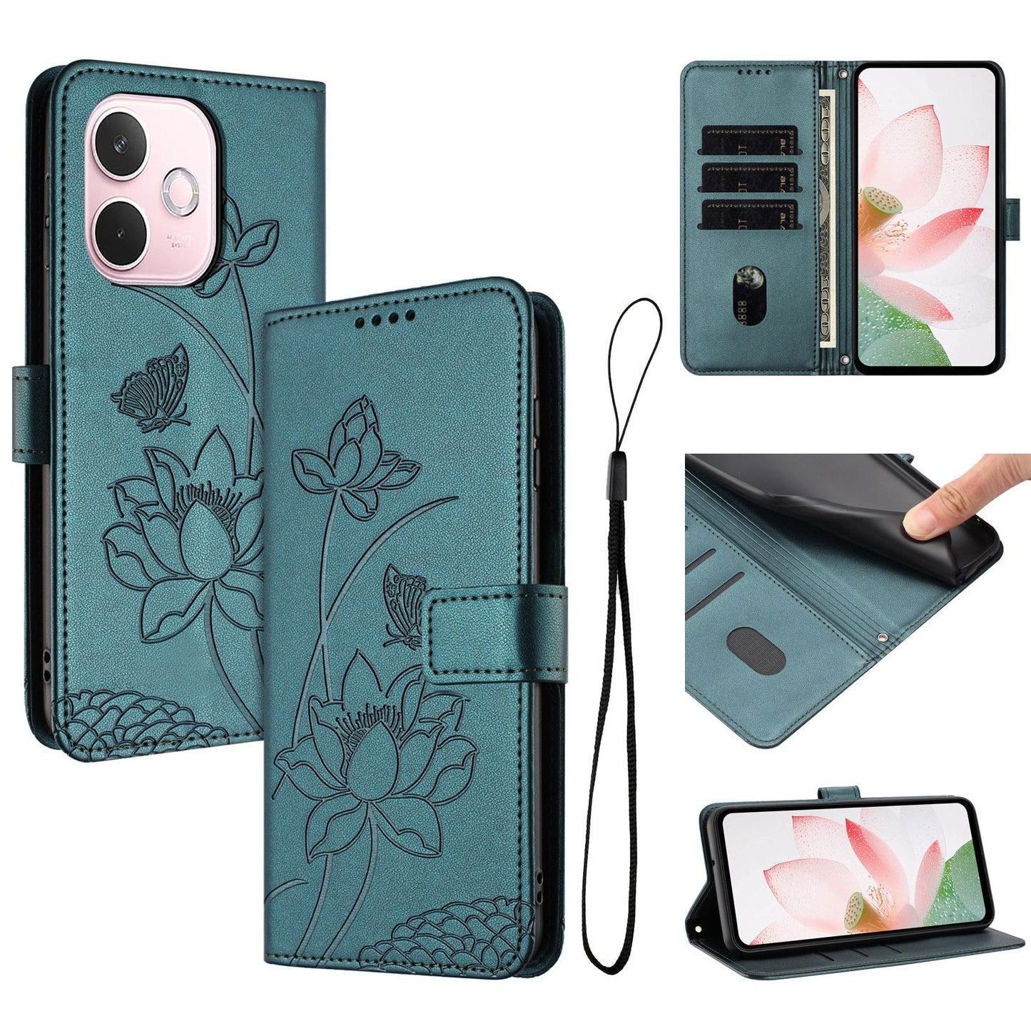OPPO A5 Pro 5G Lotus Embossed PU Leather Wallet Phone Case with Card Holder, Cash Pocket, Magnetic Flip Stand Cover, Wrist Lanyard Strap, Shockproof TPU Protective Folio Case - Purple