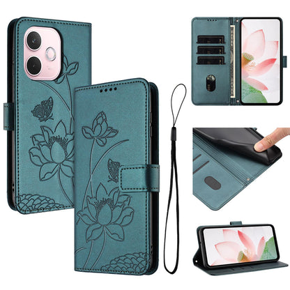 OPPO A5 Pro 5G Lotus Embossed PU Leather Wallet Phone Case with Card Holder, Cash Pocket, Magnetic Flip Stand Cover, Wrist Lanyard Strap, Shockproof TPU Protective Folio Case - Purple