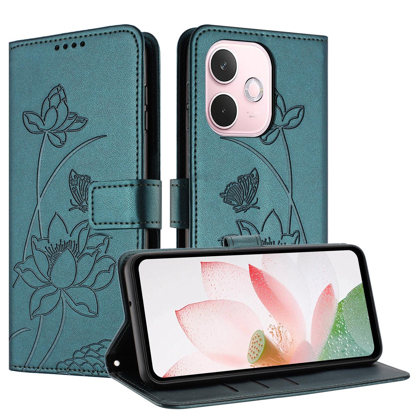 OPPO A5 Pro 5G Lotus Embossed PU Leather Wallet Phone Case with Card Holder, Cash Pocket, Magnetic Flip Stand Cover, Wrist Lanyard Strap, Shockproof TPU Protective Folio Case - Purple