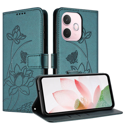 OPPO A5 Pro 5G Lotus Embossed PU Leather Wallet Phone Case with Card Holder, Cash Pocket, Magnetic Flip Stand Cover, Wrist Lanyard Strap, Shockproof TPU Protective Folio Case - Purple