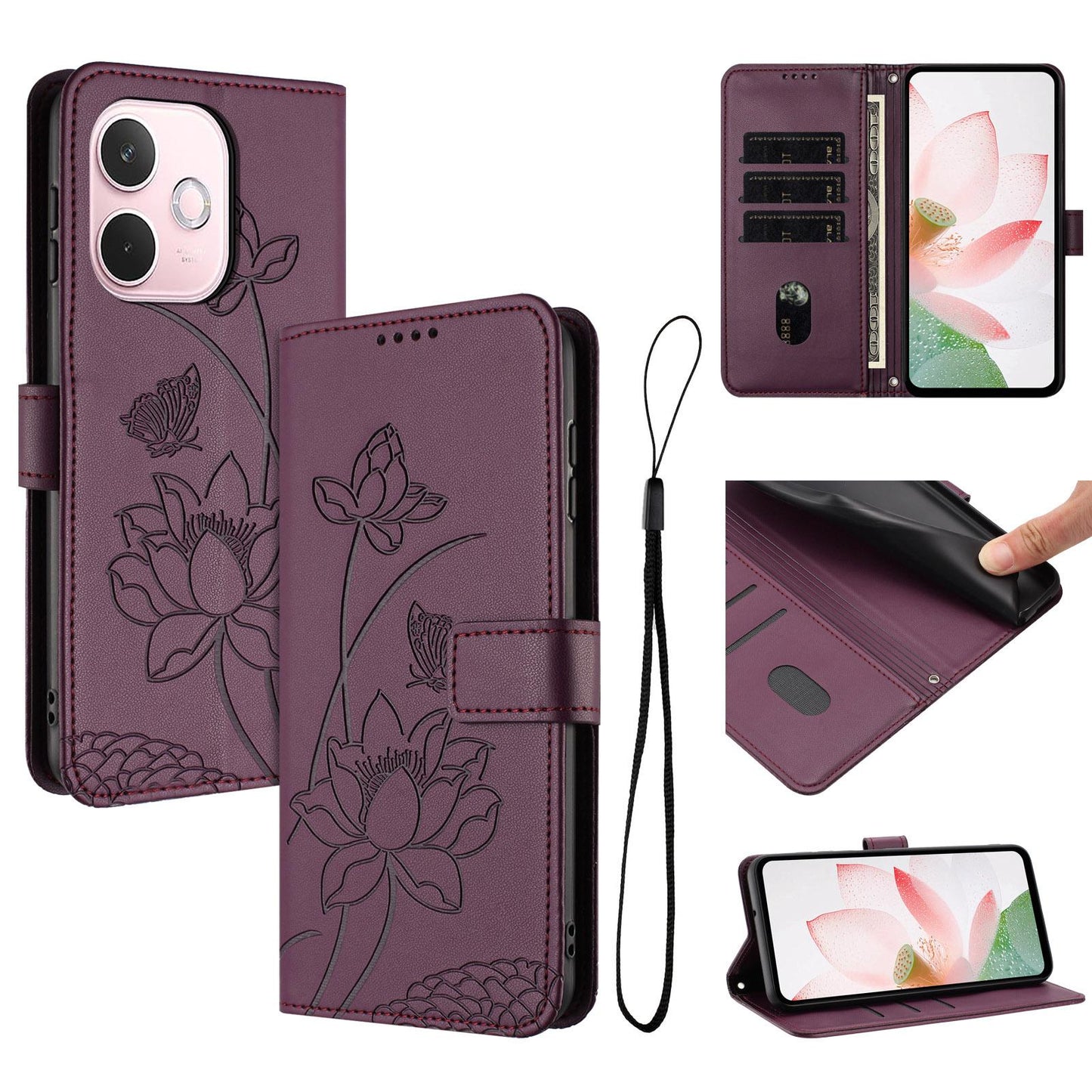 OPPO A5 Pro 5G Lotus Embossed PU Leather Wallet Phone Case with Card Holder, Cash Pocket, Magnetic Flip Stand Cover, Wrist Lanyard Strap, Shockproof TPU Protective Folio Case - Purple