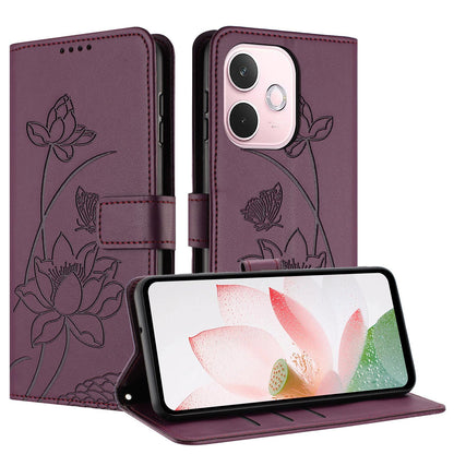 OPPO A5 Pro 5G Lotus Embossed PU Leather Wallet Phone Case with Card Holder, Cash Pocket, Magnetic Flip Stand Cover, Wrist Lanyard Strap, Shockproof TPU Protective Folio Case - Purple
