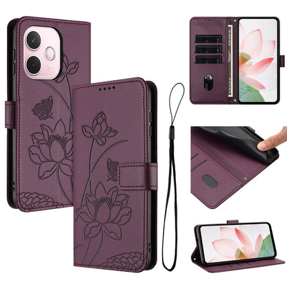 OPPO A5 Pro 4G Lotus Embossed PU Leather Wallet Phone Case with Card Holder, Cash Pocket, Magnetic Flip Stand Cover, Wrist Lanyard Strap, Shockproof TPU Protective Folio Case - Purple