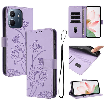 OPPO A5x 5G Lotus Embossed PU Leather Wallet Phone Case with Card Holder, Cash Pocket, Magnetic Flip Stand Cover, Wrist Lanyard Strap, Shockproof TPU Protective Folio Case - Purple