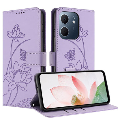OPPO A5x 5G Lotus Embossed PU Leather Wallet Phone Case with Card Holder, Cash Pocket, Magnetic Flip Stand Cover, Wrist Lanyard Strap, Shockproof TPU Protective Folio Case - Purple