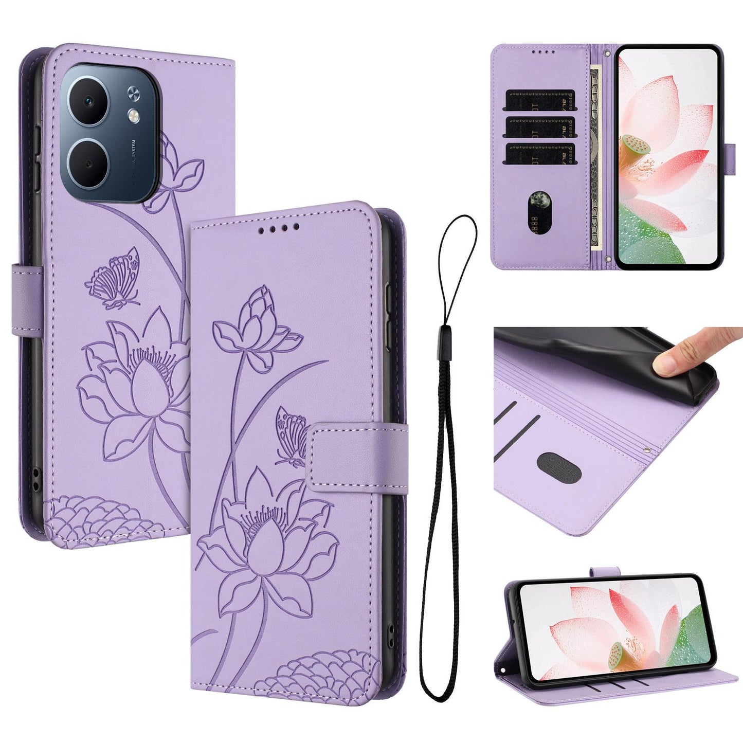 OPPO A5x 4G Lotus Embossed PU Leather Wallet Phone Case with Card Holder, Cash Pocket, Magnetic Flip Stand Cover, Wrist Lanyard Strap, Shockproof TPU Protective Folio Case - Purple