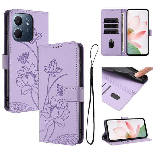 OPPO A5x 4G Lotus Embossed PU Leather Wallet Phone Case with Card Holder, Cash Pocket, Magnetic Flip Stand Cover, Wrist Lanyard Strap, Shockproof TPU Protective Folio Case - Purple