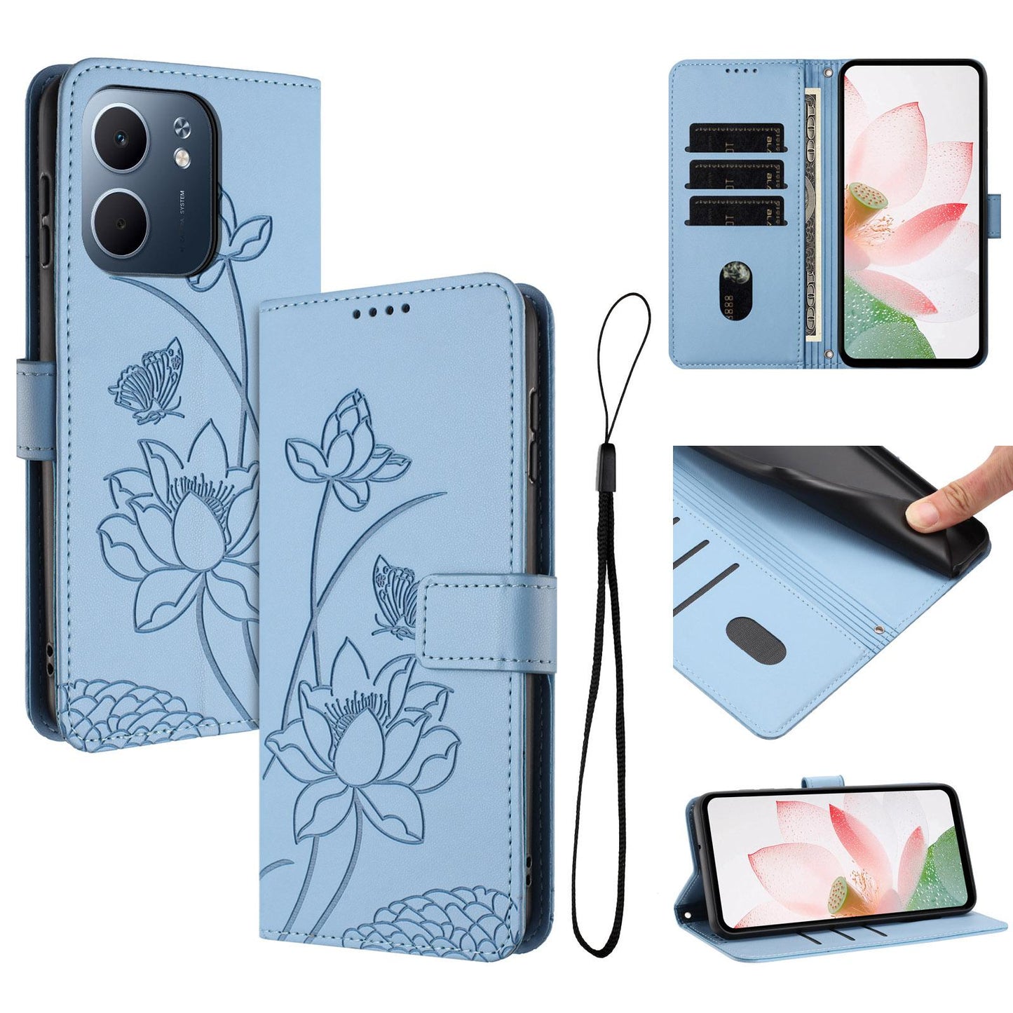 OPPO A5x 5G Lotus Embossed PU Leather Wallet Phone Case with Card Holder, Cash Pocket, Magnetic Flip Stand Cover, Wrist Lanyard Strap, Shockproof TPU Protective Folio Case - Purple