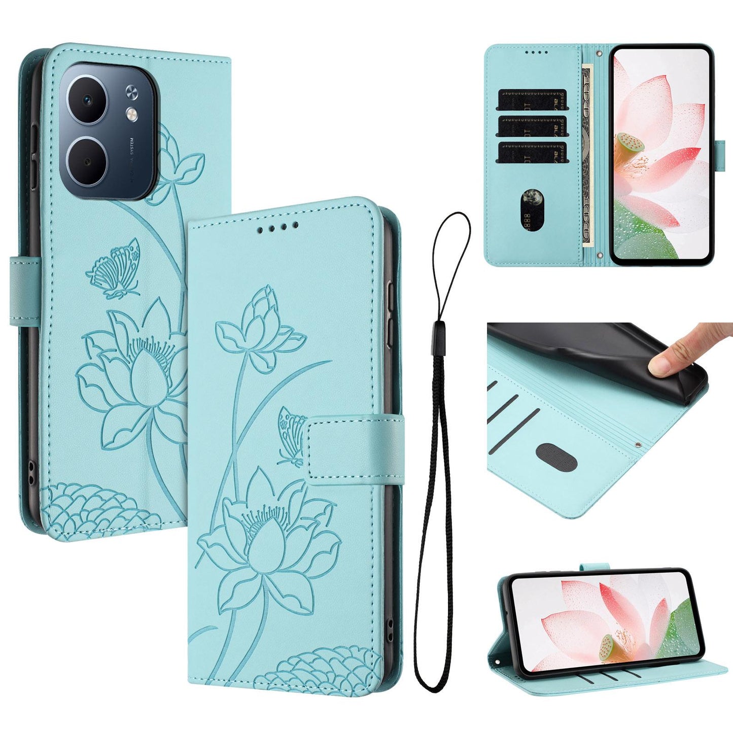 OPPO A5x 5G Lotus Embossed PU Leather Wallet Phone Case with Card Holder, Cash Pocket, Magnetic Flip Stand Cover, Wrist Lanyard Strap, Shockproof TPU Protective Folio Case - Purple