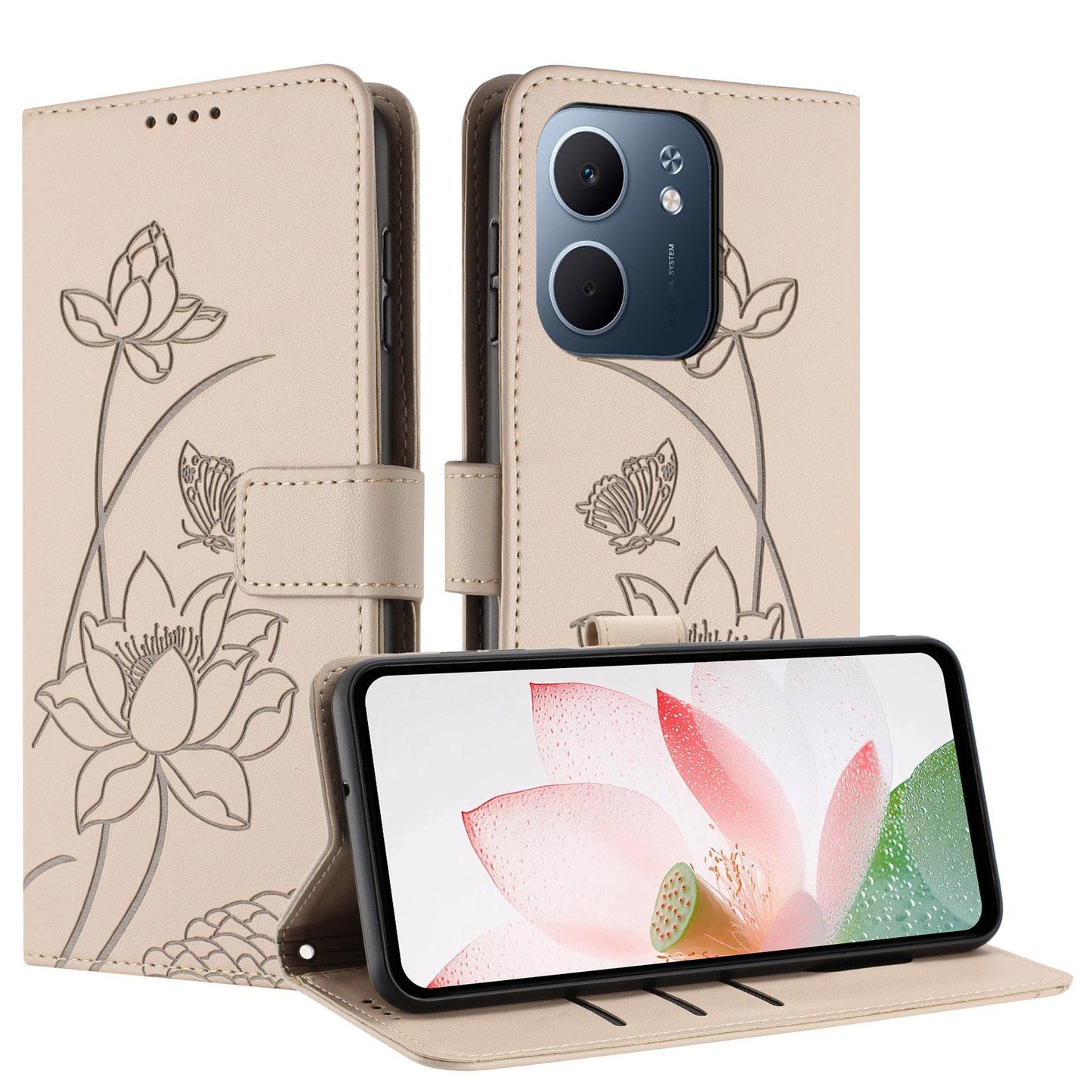 OPPO A5x 5G Lotus Embossed PU Leather Wallet Phone Case with Card Holder, Cash Pocket, Magnetic Flip Stand Cover, Wrist Lanyard Strap, Shockproof TPU Protective Folio Case - Purple