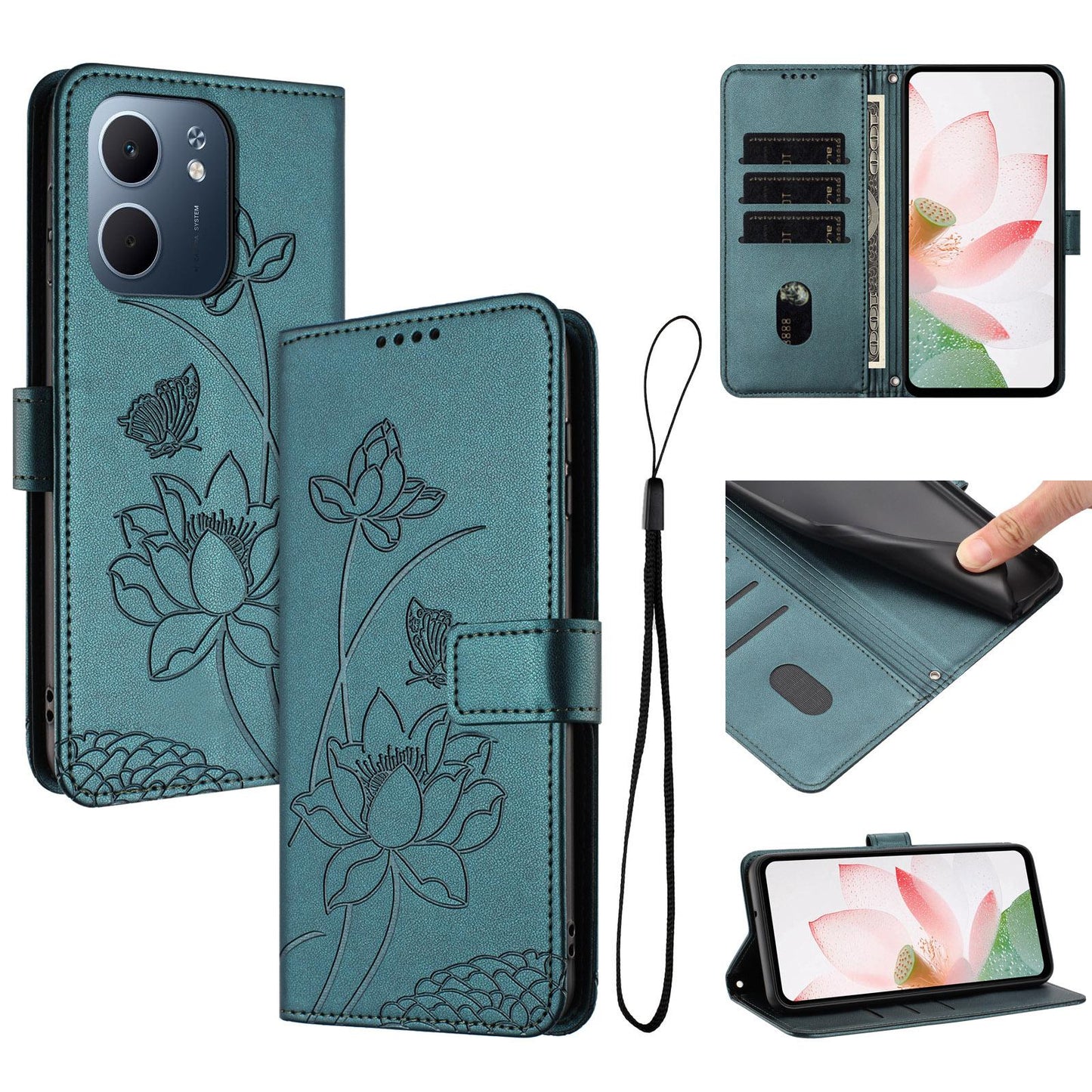 OPPO A5x 5G Lotus Embossed PU Leather Wallet Phone Case with Card Holder, Cash Pocket, Magnetic Flip Stand Cover, Wrist Lanyard Strap, Shockproof TPU Protective Folio Case - Purple