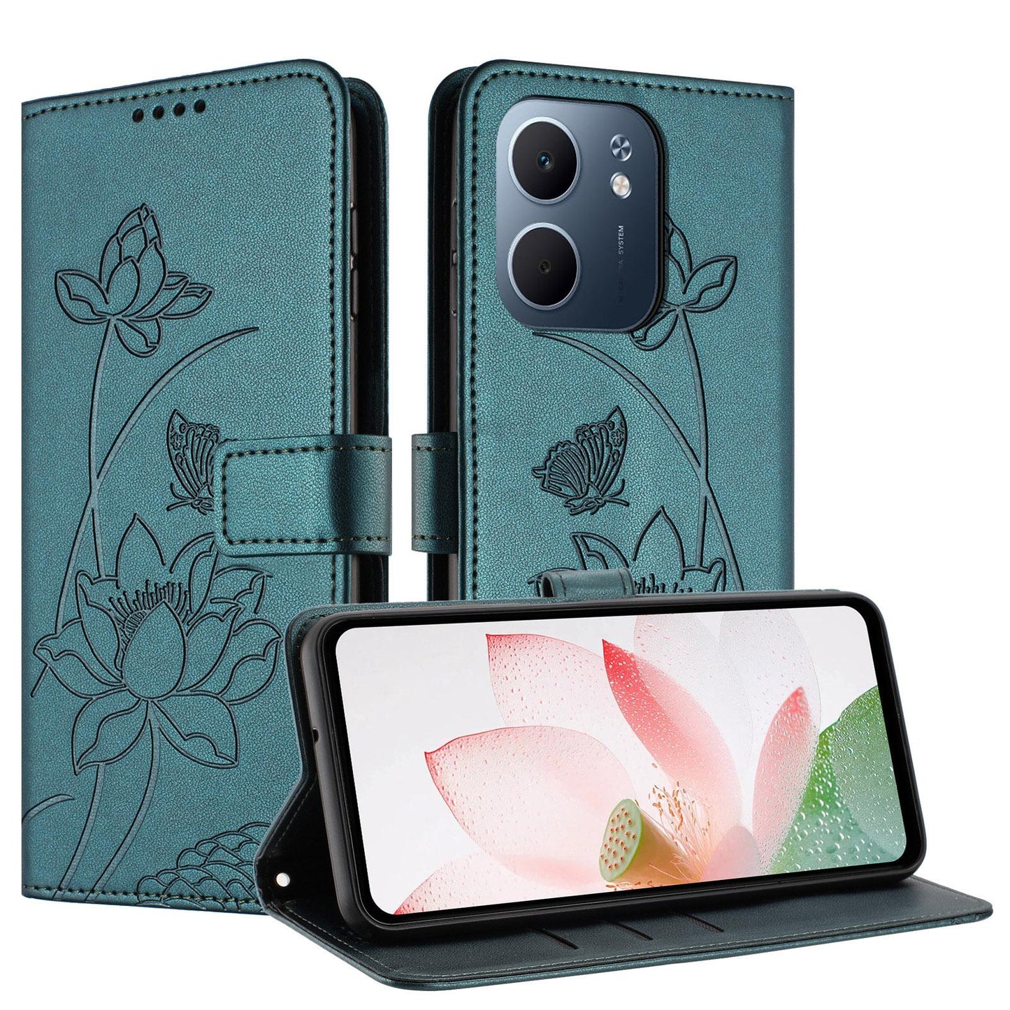 OPPO A5x 5G Lotus Embossed PU Leather Wallet Phone Case with Card Holder, Cash Pocket, Magnetic Flip Stand Cover, Wrist Lanyard Strap, Shockproof TPU Protective Folio Case - Purple