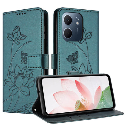 OPPO A5x 5G Lotus Embossed PU Leather Wallet Phone Case with Card Holder, Cash Pocket, Magnetic Flip Stand Cover, Wrist Lanyard Strap, Shockproof TPU Protective Folio Case - Purple