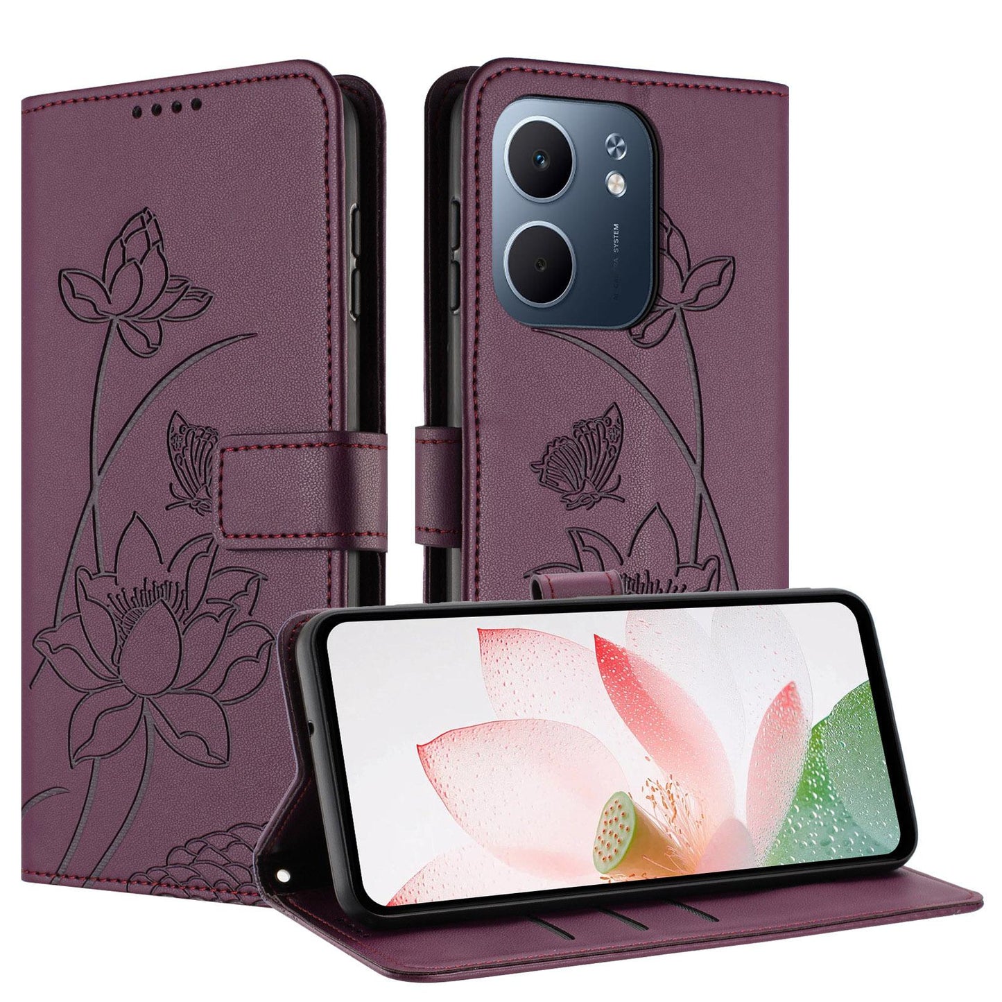 OPPO A5x 4G Lotus Embossed PU Leather Wallet Phone Case with Card Holder, Cash Pocket, Magnetic Flip Stand Cover, Wrist Lanyard Strap, Shockproof TPU Protective Folio Case - Purple
