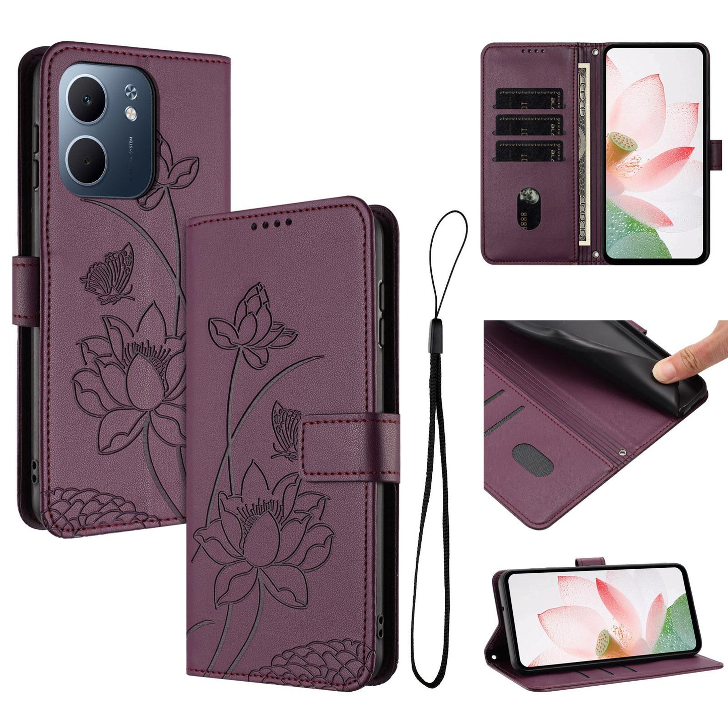 OPPO A5x 4G Lotus Embossed PU Leather Wallet Phone Case with Card Holder, Cash Pocket, Magnetic Flip Stand Cover, Wrist Lanyard Strap, Shockproof TPU Protective Folio Case - Purple