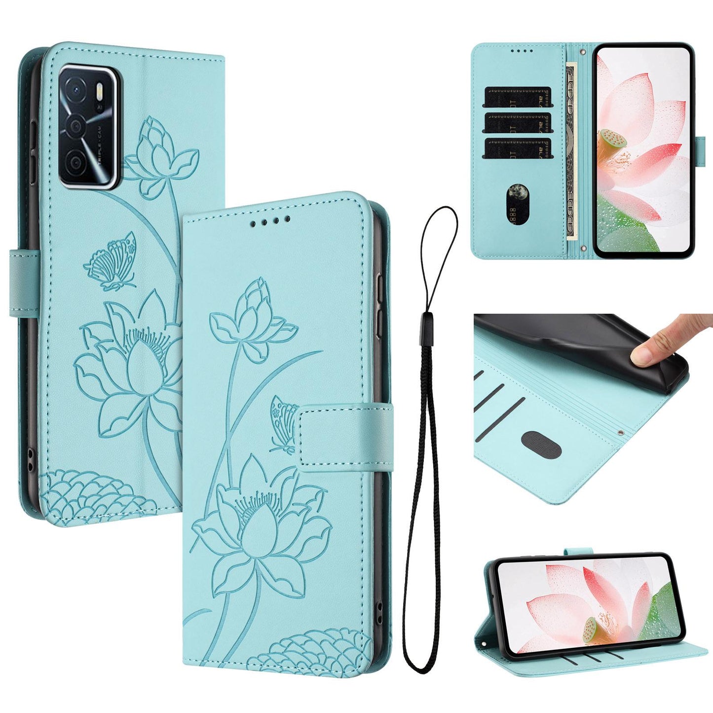 OPPO A16 Lotus Embossed PU Leather Wallet Phone Case with Card Holder, Cash Pocket, Magnetic Flip Stand Cover, Wrist Lanyard Strap, Shockproof TPU Protective Folio Case - Purple