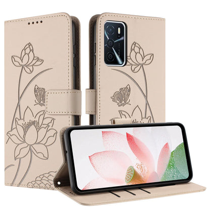 OPPO A16 Lotus Embossed PU Leather Wallet Phone Case with Card Holder, Cash Pocket, Magnetic Flip Stand Cover, Wrist Lanyard Strap, Shockproof TPU Protective Folio Case - Purple