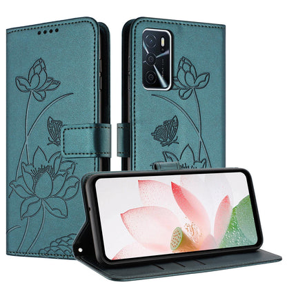 OPPO A16 Lotus Embossed PU Leather Wallet Phone Case with Card Holder, Cash Pocket, Magnetic Flip Stand Cover, Wrist Lanyard Strap, Shockproof TPU Protective Folio Case - Purple