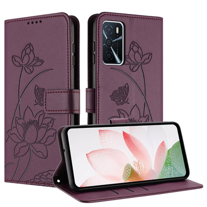 OPPO A16s Lotus Embossed PU Leather Wallet Phone Case with Card Holder, Cash Pocket, Magnetic Flip Stand Cover, Wrist Lanyard Strap, Shockproof TPU Protective Folio Case - Purple