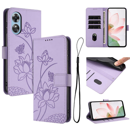 OPPO A17 Lotus Embossed PU Leather Wallet Phone Case with Card Holder, Cash Pocket, Magnetic Flip Stand Cover, Wrist Lanyard Strap, Shockproof TPU Protective Folio Case - Purple