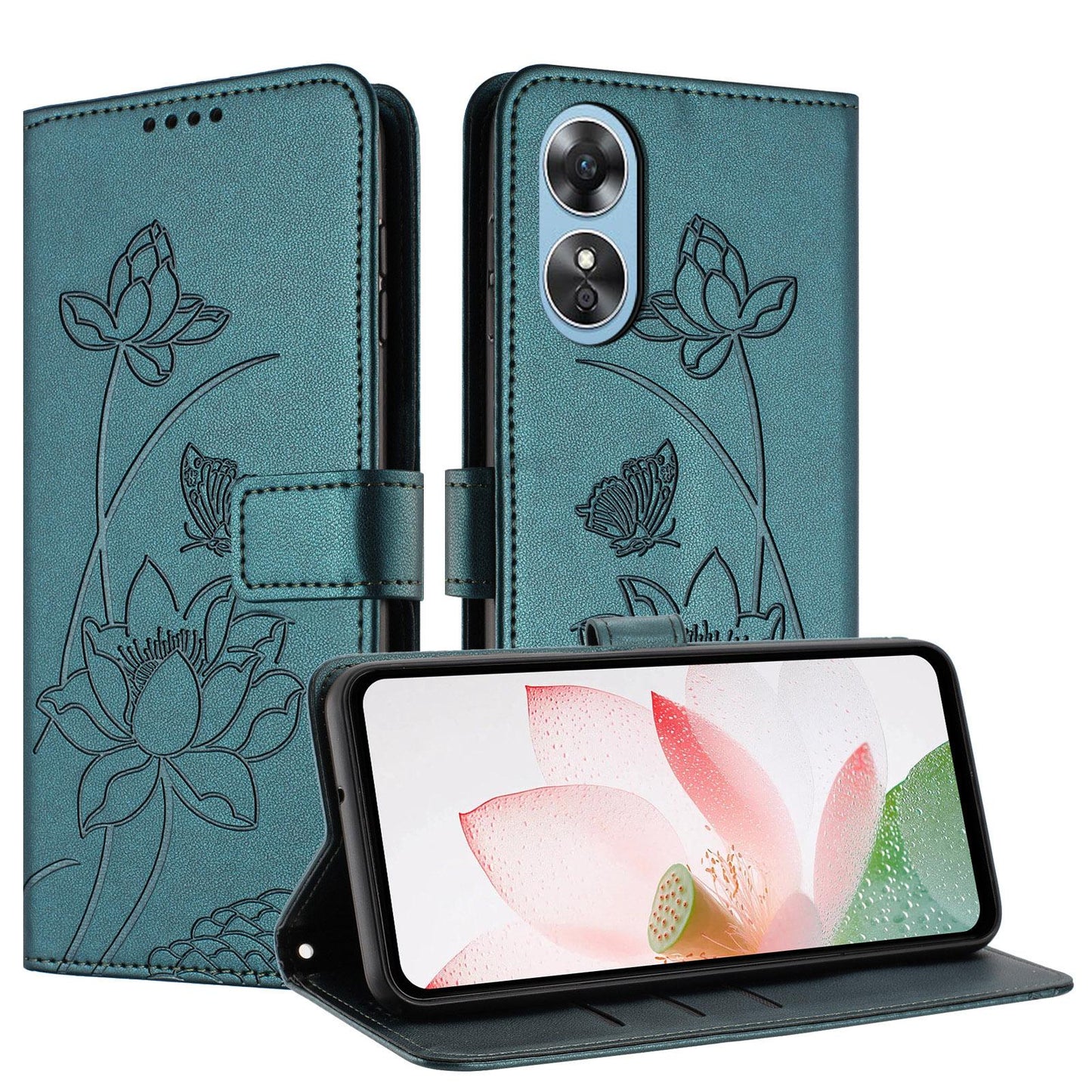 OPPO A17 Lotus Embossed PU Leather Wallet Phone Case with Card Holder, Cash Pocket, Magnetic Flip Stand Cover, Wrist Lanyard Strap, Shockproof TPU Protective Folio Case - Purple