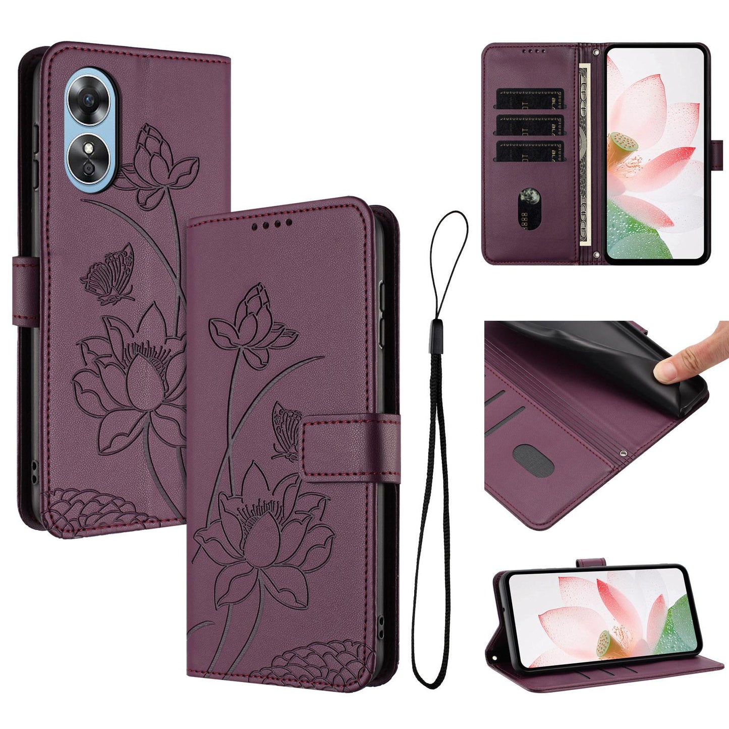 OPPO A17 Lotus Embossed PU Leather Wallet Phone Case with Card Holder, Cash Pocket, Magnetic Flip Stand Cover, Wrist Lanyard Strap, Shockproof TPU Protective Folio Case - Purple