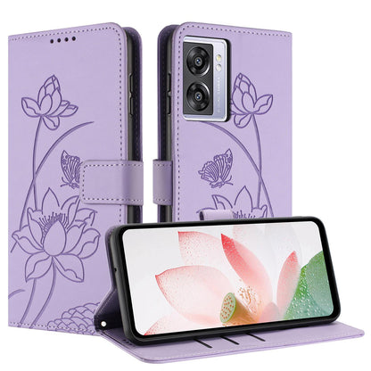 OnePlus Nord N300 Lotus Embossed PU Leather Wallet Phone Case with Card Holder, Cash Pocket, Magnetic Flip Stand Cover, Wrist Lanyard Strap, Shockproof TPU Protective Folio Case - Purple