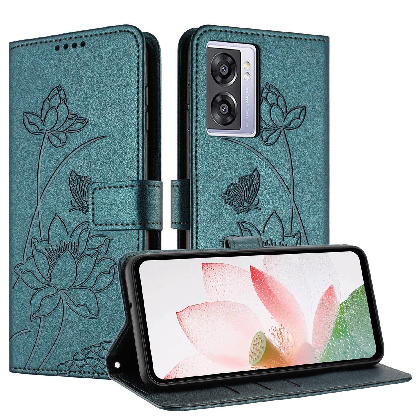 OPPO A77 4G Lotus Embossed PU Leather Wallet Phone Case with Card Holder, Cash Pocket, Magnetic Flip Stand Cover, Wrist Lanyard Strap, Shockproof TPU Protective Folio Case - Purple