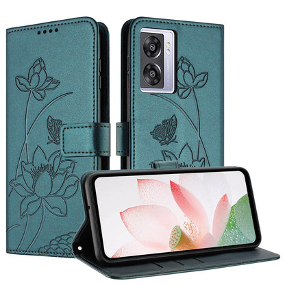 OnePlus Nord N300 Lotus Embossed PU Leather Wallet Phone Case with Card Holder, Cash Pocket, Magnetic Flip Stand Cover, Wrist Lanyard Strap, Shockproof TPU Protective Folio Case - Purple