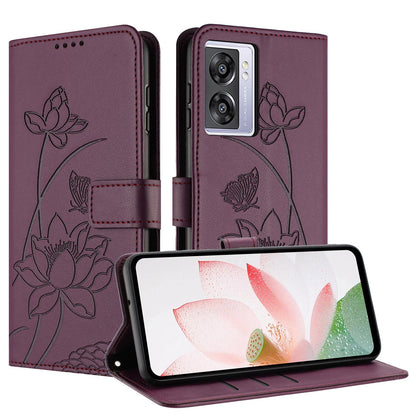 OnePlus Nord N300 Lotus Embossed PU Leather Wallet Phone Case with Card Holder, Cash Pocket, Magnetic Flip Stand Cover, Wrist Lanyard Strap, Shockproof TPU Protective Folio Case - Purple