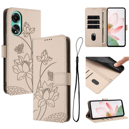 OPPO A58x Lotus Embossed PU Leather Wallet Phone Case with Card Holder, Cash Pocket, Magnetic Flip Stand Cover, Wrist Lanyard Strap, Shockproof TPU Protective Folio Case - Purple