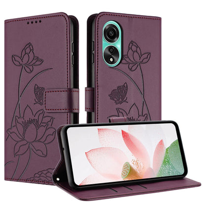OPPO A78 5G Lotus Embossed PU Leather Wallet Phone Case with Card Holder, Cash Pocket, Magnetic Flip Stand Cover, Wrist Lanyard Strap, Shockproof TPU Protective Folio Case - Purple