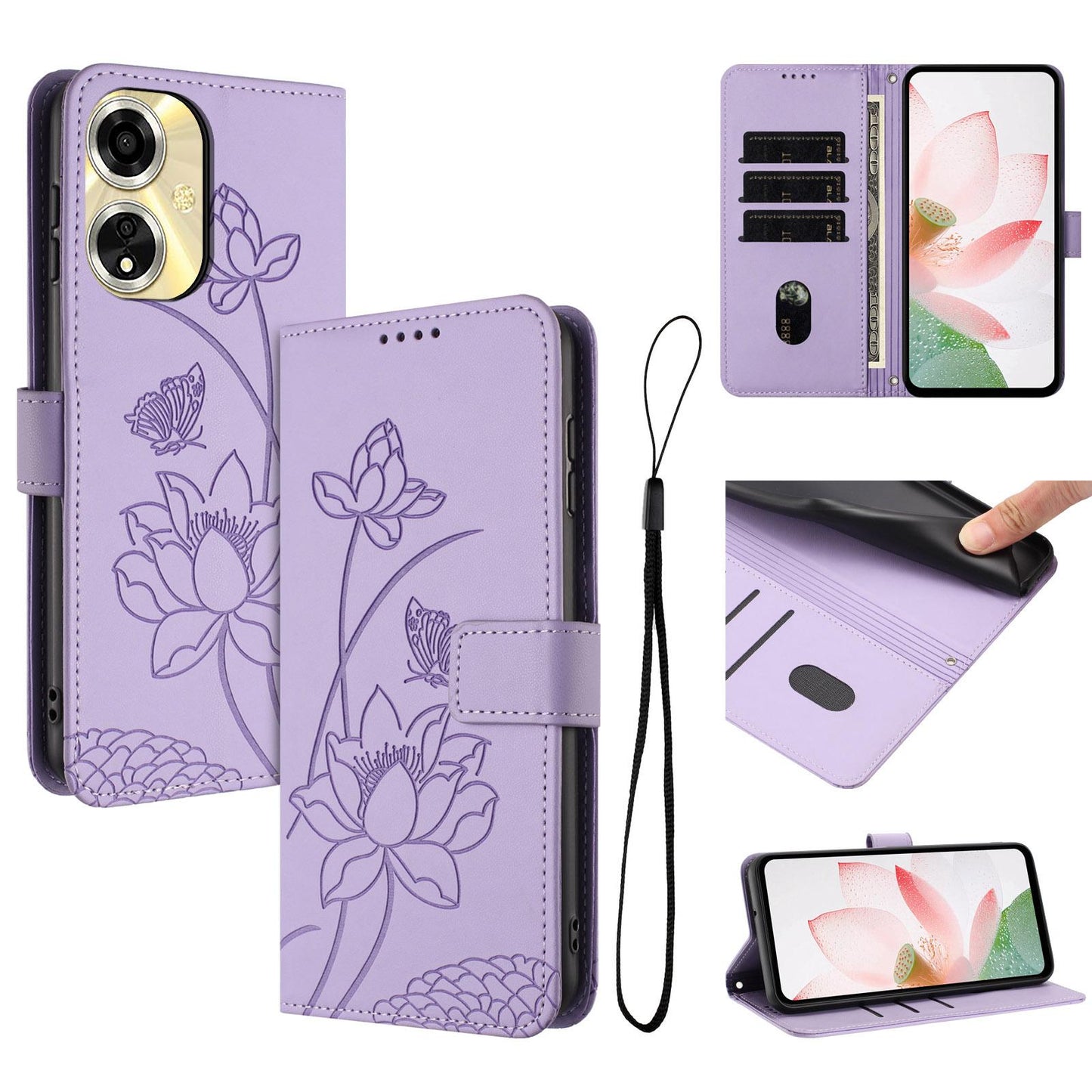 OPPO A59 5G Lotus Embossed PU Leather Wallet Phone Case with Card Holder, Cash Pocket, Magnetic Flip Stand Cover, Wrist Lanyard Strap, Shockproof TPU Protective Folio Case - Purple