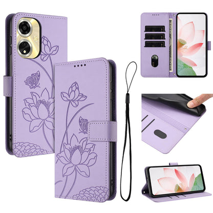 OPPO A59 5G Lotus Embossed PU Leather Wallet Phone Case with Card Holder, Cash Pocket, Magnetic Flip Stand Cover, Wrist Lanyard Strap, Shockproof TPU Protective Folio Case - Purple