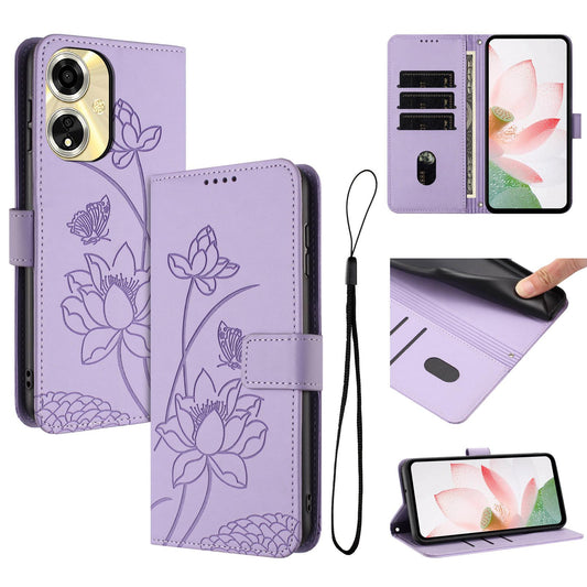 OPPO A59 5G Lotus Embossed PU Leather Wallet Phone Case with Card Holder, Cash Pocket, Magnetic Flip Stand Cover, Wrist Lanyard Strap, Shockproof TPU Protective Folio Case - Purple