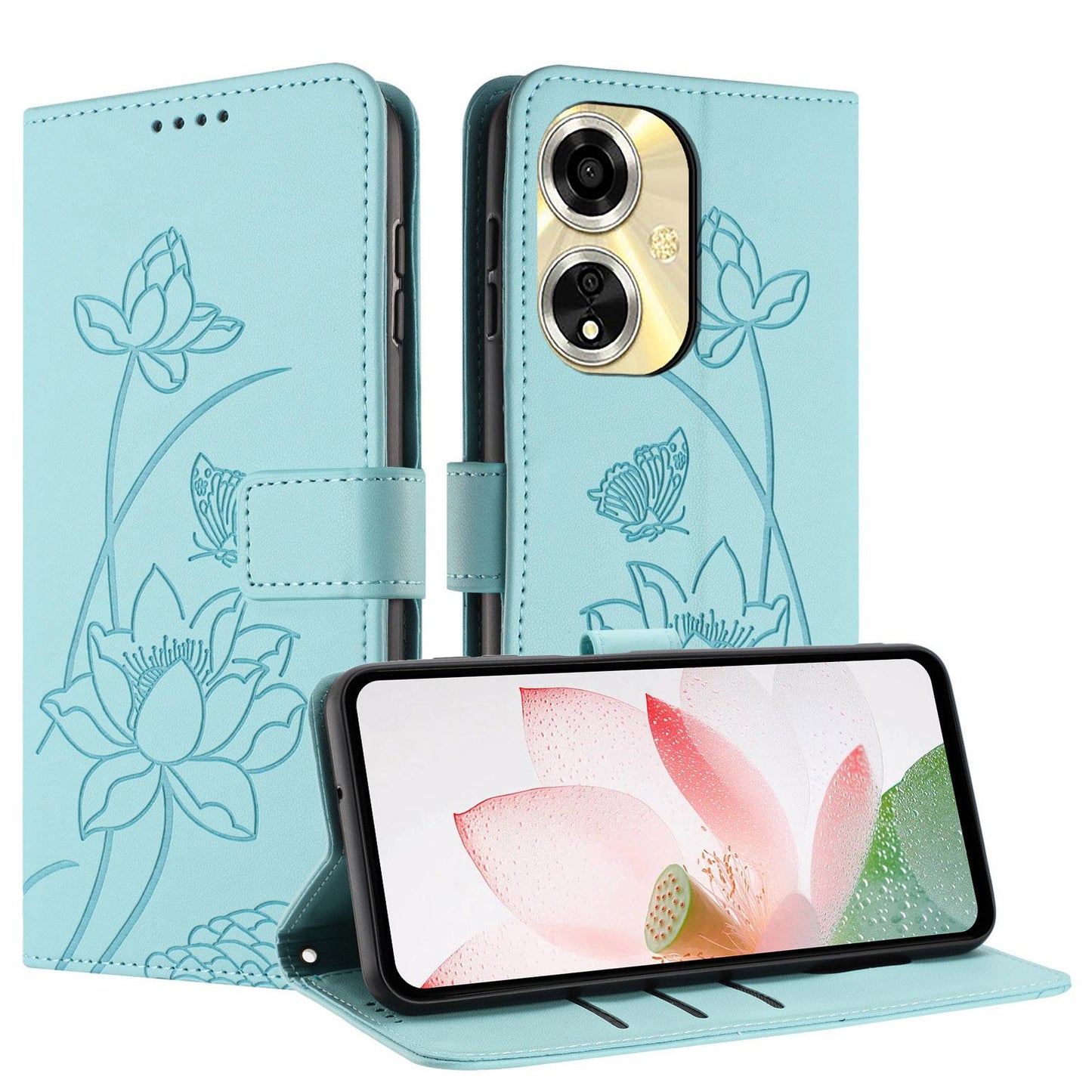 OPPO A59 5G Lotus Embossed PU Leather Wallet Phone Case with Card Holder, Cash Pocket, Magnetic Flip Stand Cover, Wrist Lanyard Strap, Shockproof TPU Protective Folio Case - Purple