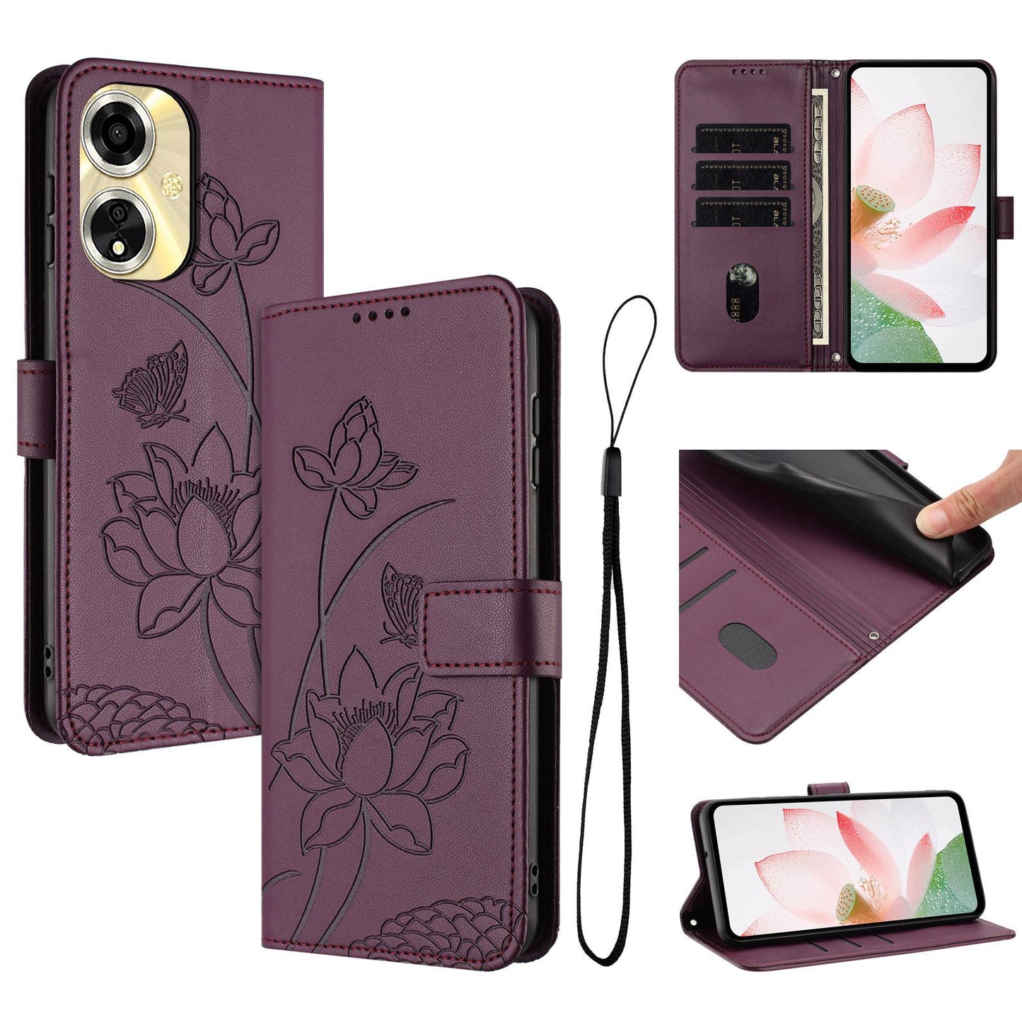 OPPO A59 5G Lotus Embossed PU Leather Wallet Phone Case with Card Holder, Cash Pocket, Magnetic Flip Stand Cover, Wrist Lanyard Strap, Shockproof TPU Protective Folio Case - Purple