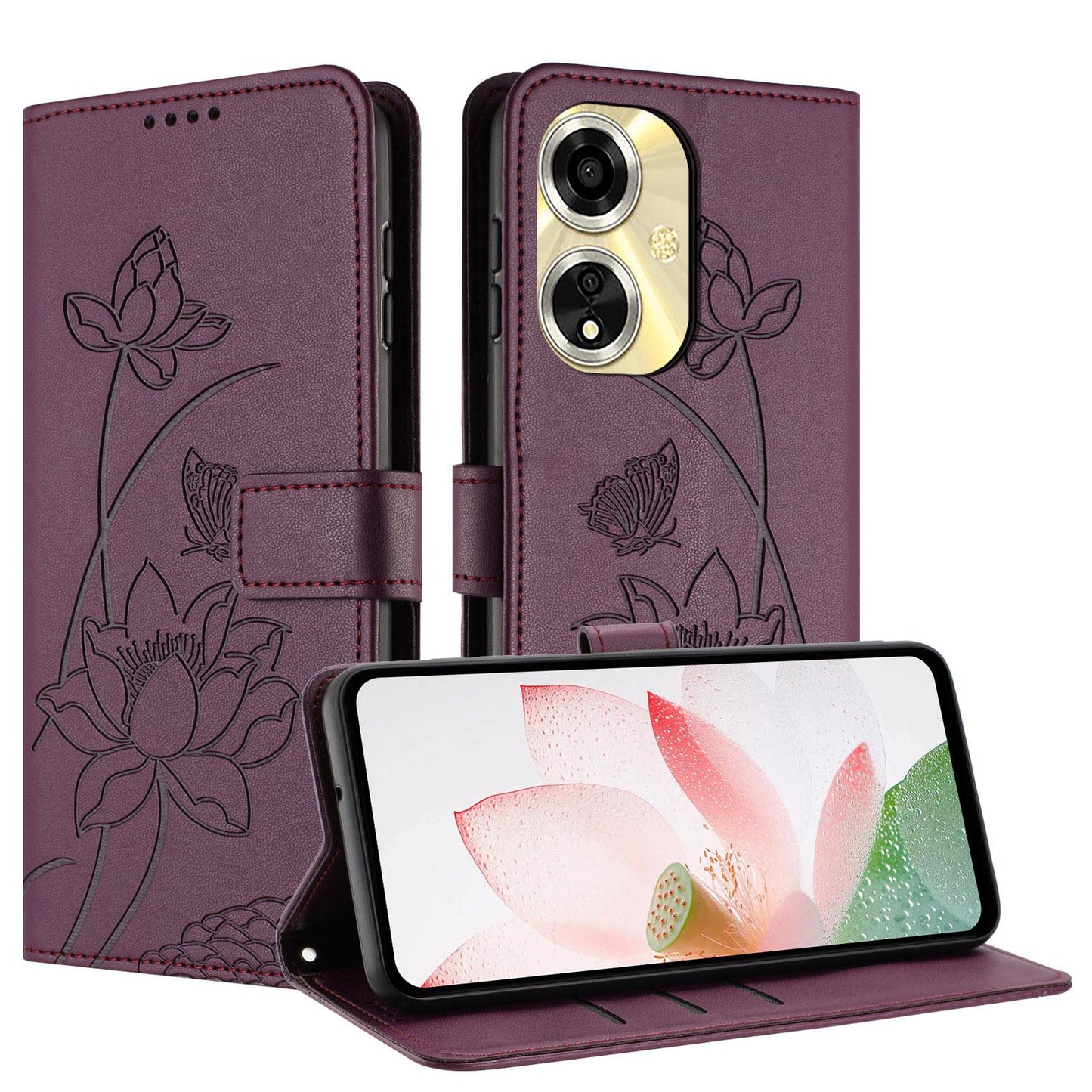 OPPO A59 5G Lotus Embossed PU Leather Wallet Phone Case with Card Holder, Cash Pocket, Magnetic Flip Stand Cover, Wrist Lanyard Strap, Shockproof TPU Protective Folio Case - Purple