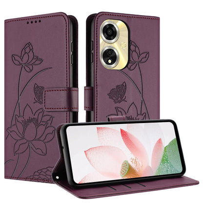 OPPO A59 5G Lotus Embossed PU Leather Wallet Phone Case with Card Holder, Cash Pocket, Magnetic Flip Stand Cover, Wrist Lanyard Strap, Shockproof TPU Protective Folio Case - Purple