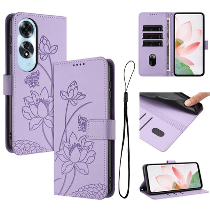 OPPO A60 4G Lotus Embossed PU Leather Wallet Phone Case with Card Holder, Cash Pocket, Magnetic Flip Stand Cover, Wrist Lanyard Strap, Shockproof TPU Protective Folio Case - Purple