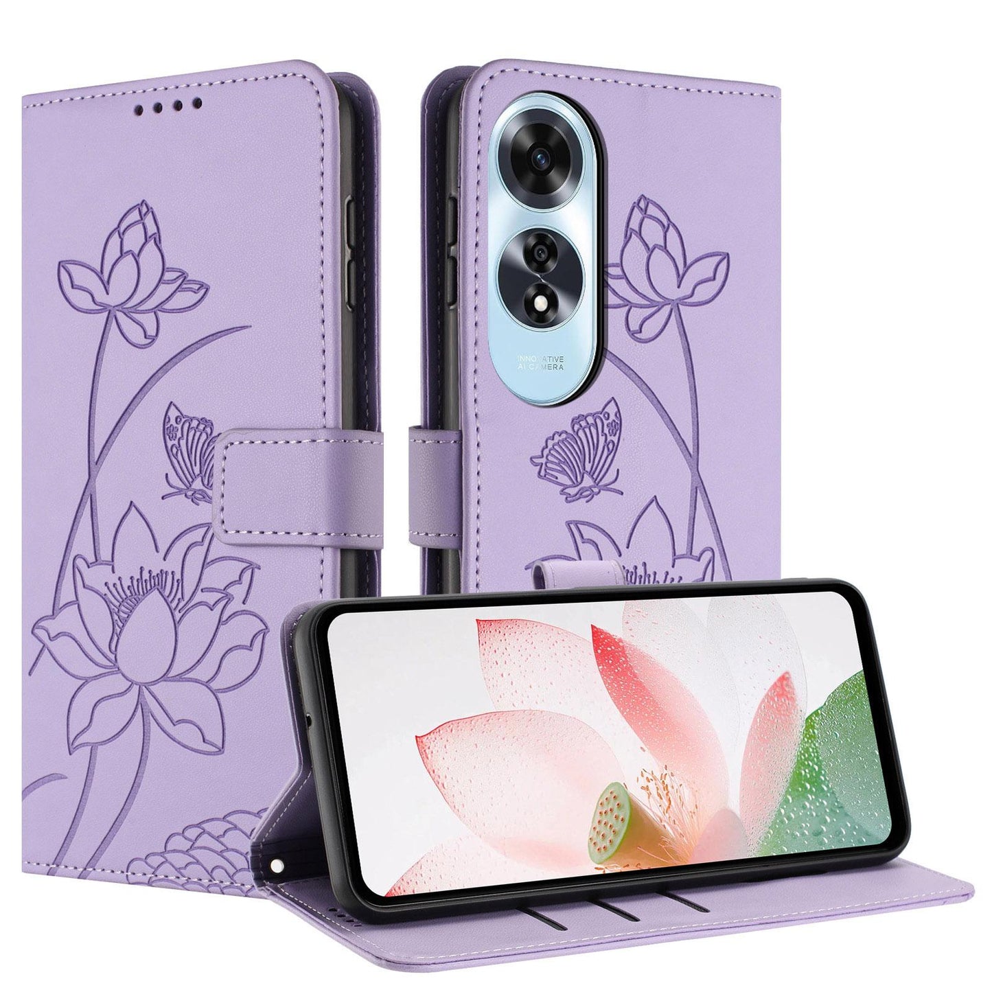 OPPO A60 4G Lotus Embossed PU Leather Wallet Phone Case with Card Holder, Cash Pocket, Magnetic Flip Stand Cover, Wrist Lanyard Strap, Shockproof TPU Protective Folio Case - Purple