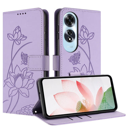 OPPO A60 4G Lotus Embossed PU Leather Wallet Phone Case with Card Holder, Cash Pocket, Magnetic Flip Stand Cover, Wrist Lanyard Strap, Shockproof TPU Protective Folio Case - Purple