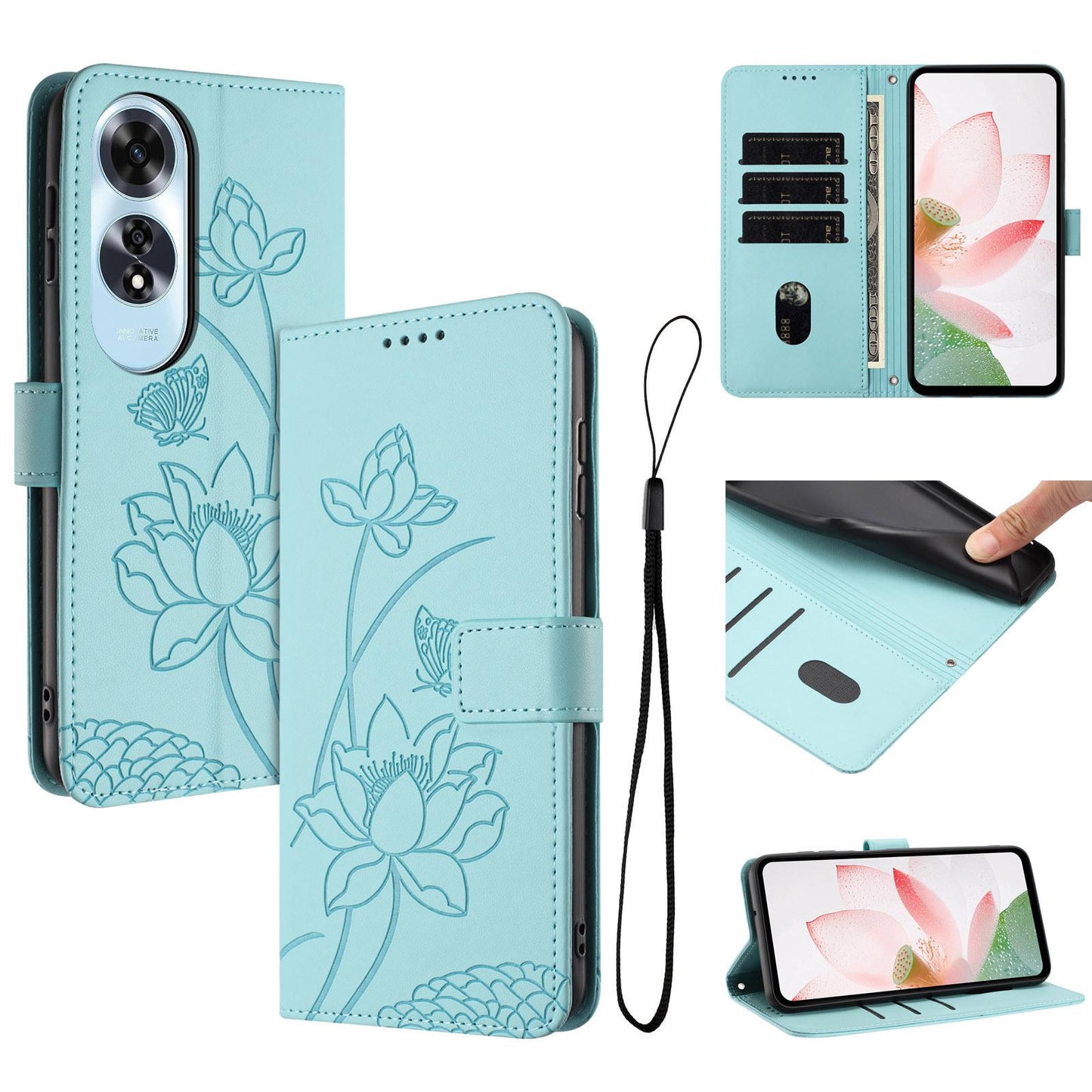 OPPO A60 4G Lotus Embossed PU Leather Wallet Phone Case with Card Holder, Cash Pocket, Magnetic Flip Stand Cover, Wrist Lanyard Strap, Shockproof TPU Protective Folio Case - Purple