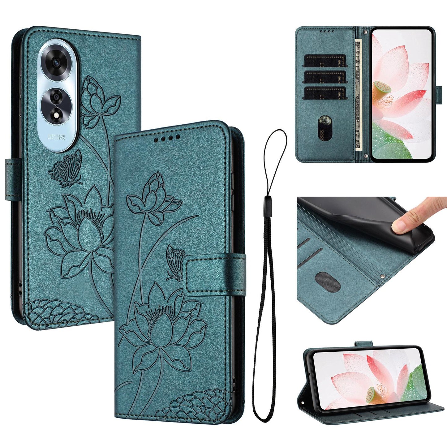 OPPO A60 4G Lotus Embossed PU Leather Wallet Phone Case with Card Holder, Cash Pocket, Magnetic Flip Stand Cover, Wrist Lanyard Strap, Shockproof TPU Protective Folio Case - Purple
