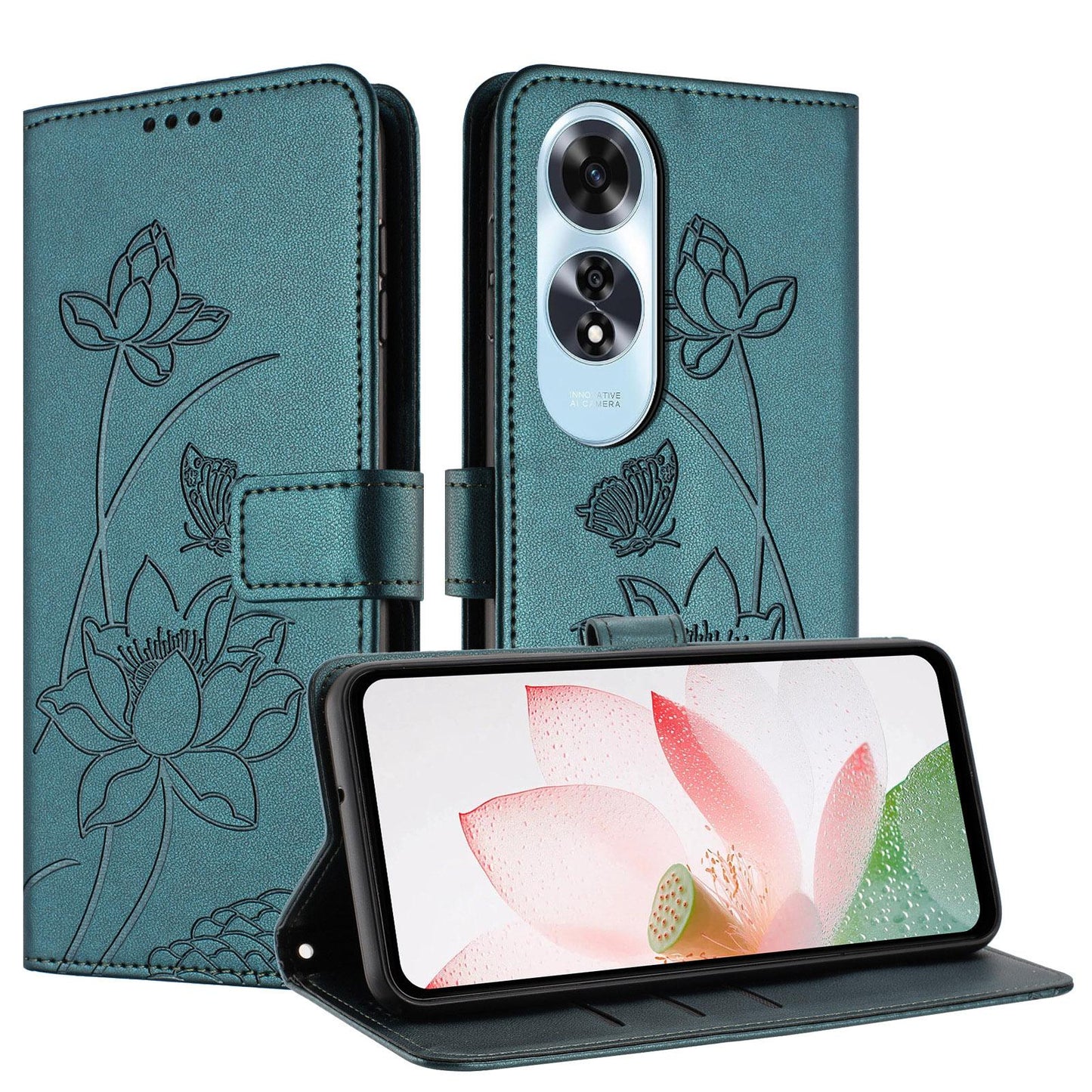 OPPO A60 4G Lotus Embossed PU Leather Wallet Phone Case with Card Holder, Cash Pocket, Magnetic Flip Stand Cover, Wrist Lanyard Strap, Shockproof TPU Protective Folio Case - Purple