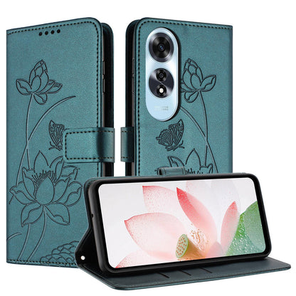 OPPO A60 4G Lotus Embossed PU Leather Wallet Phone Case with Card Holder, Cash Pocket, Magnetic Flip Stand Cover, Wrist Lanyard Strap, Shockproof TPU Protective Folio Case - Purple
