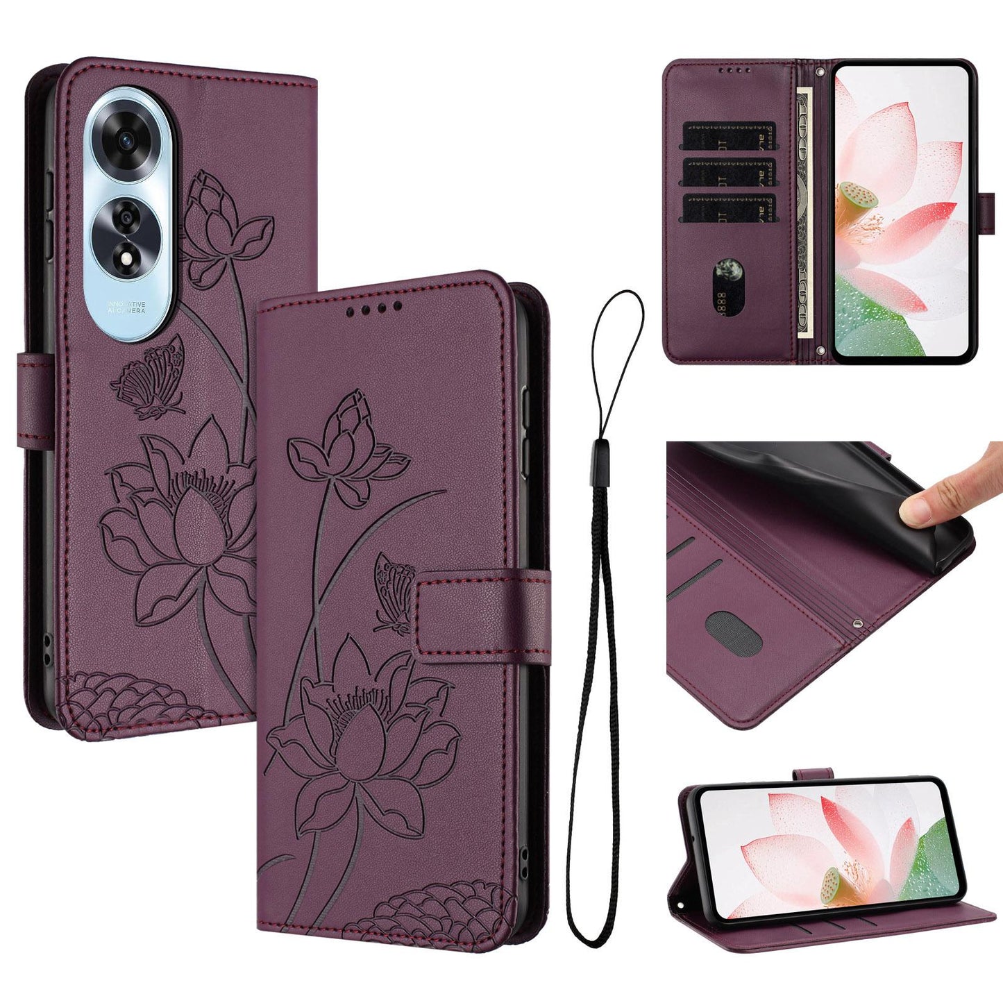 OPPO A60 4G Lotus Embossed PU Leather Wallet Phone Case with Card Holder, Cash Pocket, Magnetic Flip Stand Cover, Wrist Lanyard Strap, Shockproof TPU Protective Folio Case - Purple
