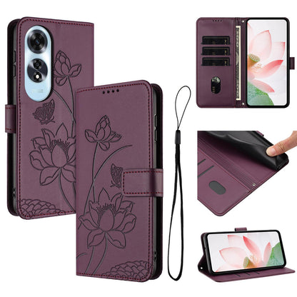 OPPO A60 4G Lotus Embossed PU Leather Wallet Phone Case with Card Holder, Cash Pocket, Magnetic Flip Stand Cover, Wrist Lanyard Strap, Shockproof TPU Protective Folio Case - Purple