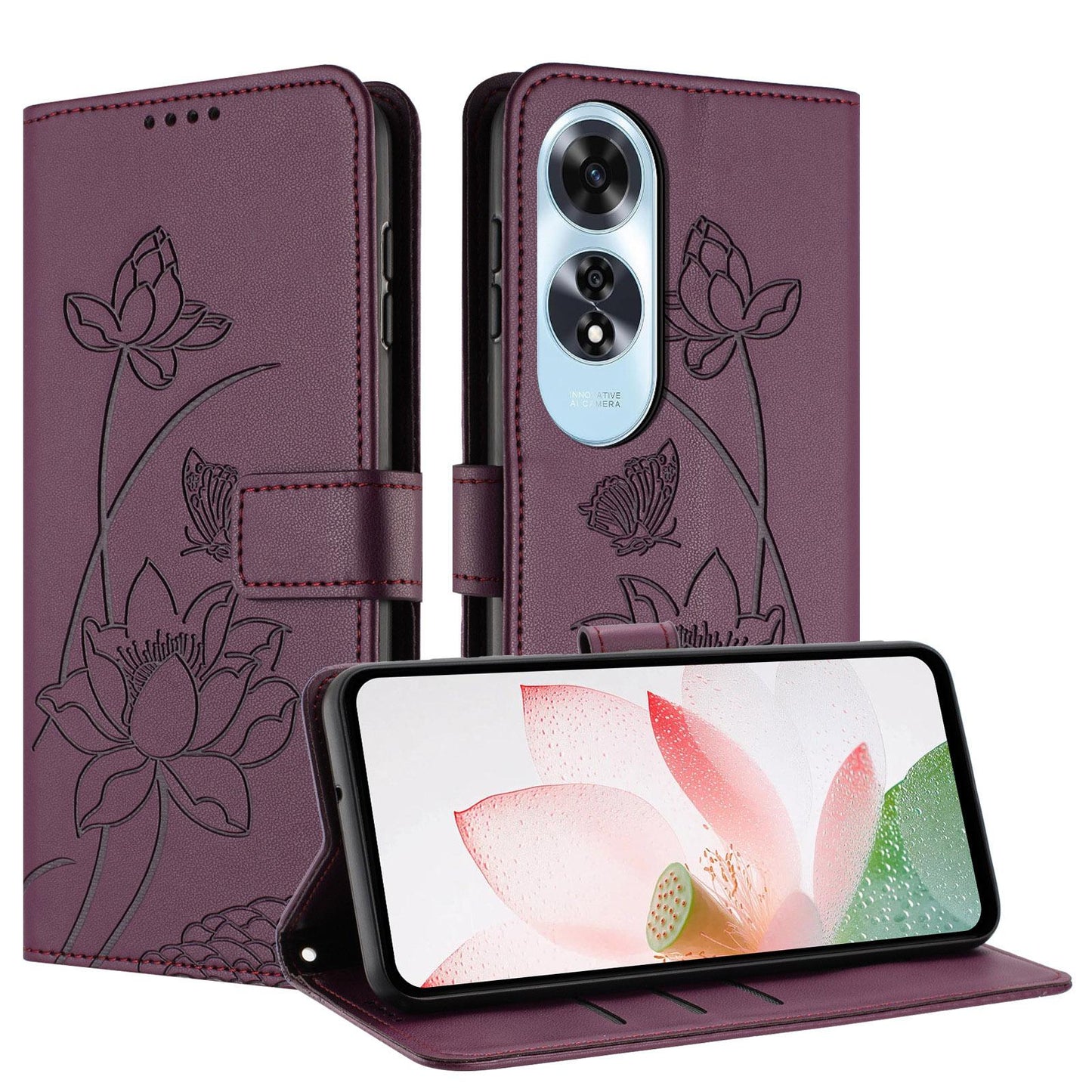 OPPO A60 4G Lotus Embossed PU Leather Wallet Phone Case with Card Holder, Cash Pocket, Magnetic Flip Stand Cover, Wrist Lanyard Strap, Shockproof TPU Protective Folio Case - Purple