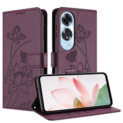 OPPO A60 4G Lotus Embossed PU Leather Wallet Phone Case with Card Holder, Cash Pocket, Magnetic Flip Stand Cover, Wrist Lanyard Strap, Shockproof TPU Protective Folio Case - Purple